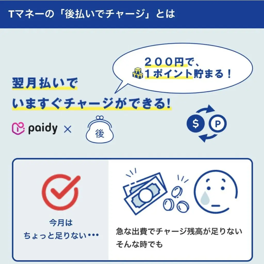 TマネーにPaidyの後払いでチャージできる