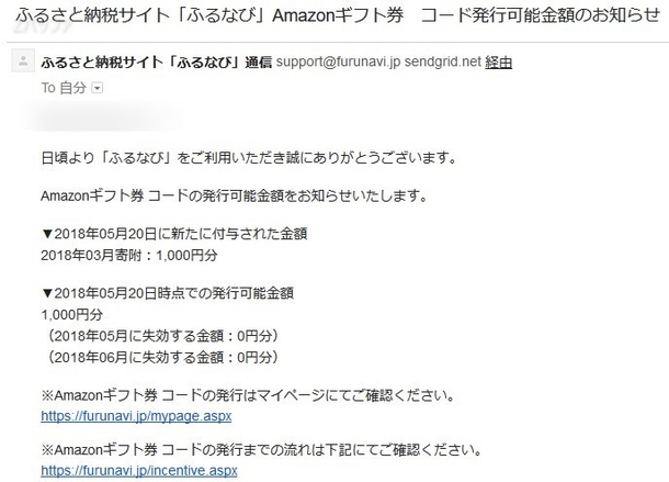 ふるなびからのAmazonギフト券発行のお知らせメール