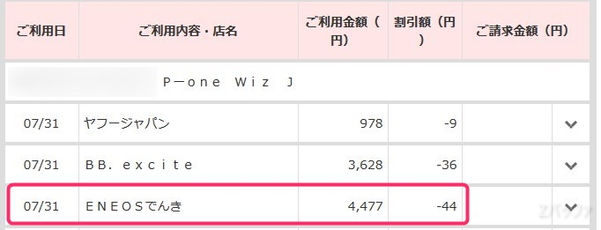 P-One WizでENEOSでんきの料金を支払っています