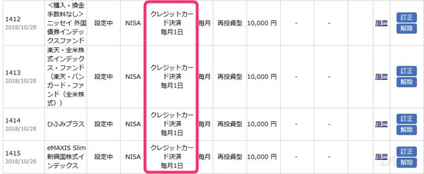 積立注文の照会画面でクレジットカード決済になっているか確認