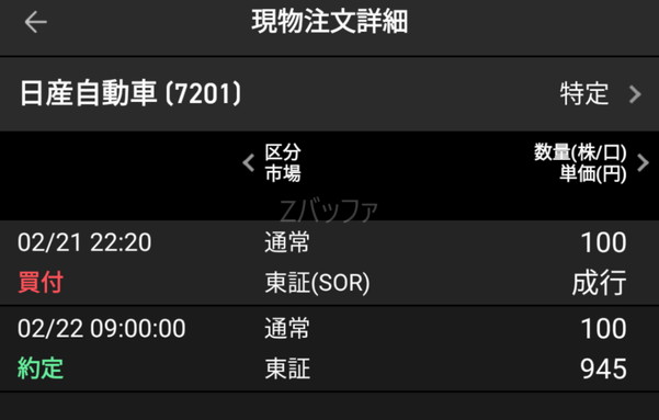 楽天証券における買い注文の約定結果