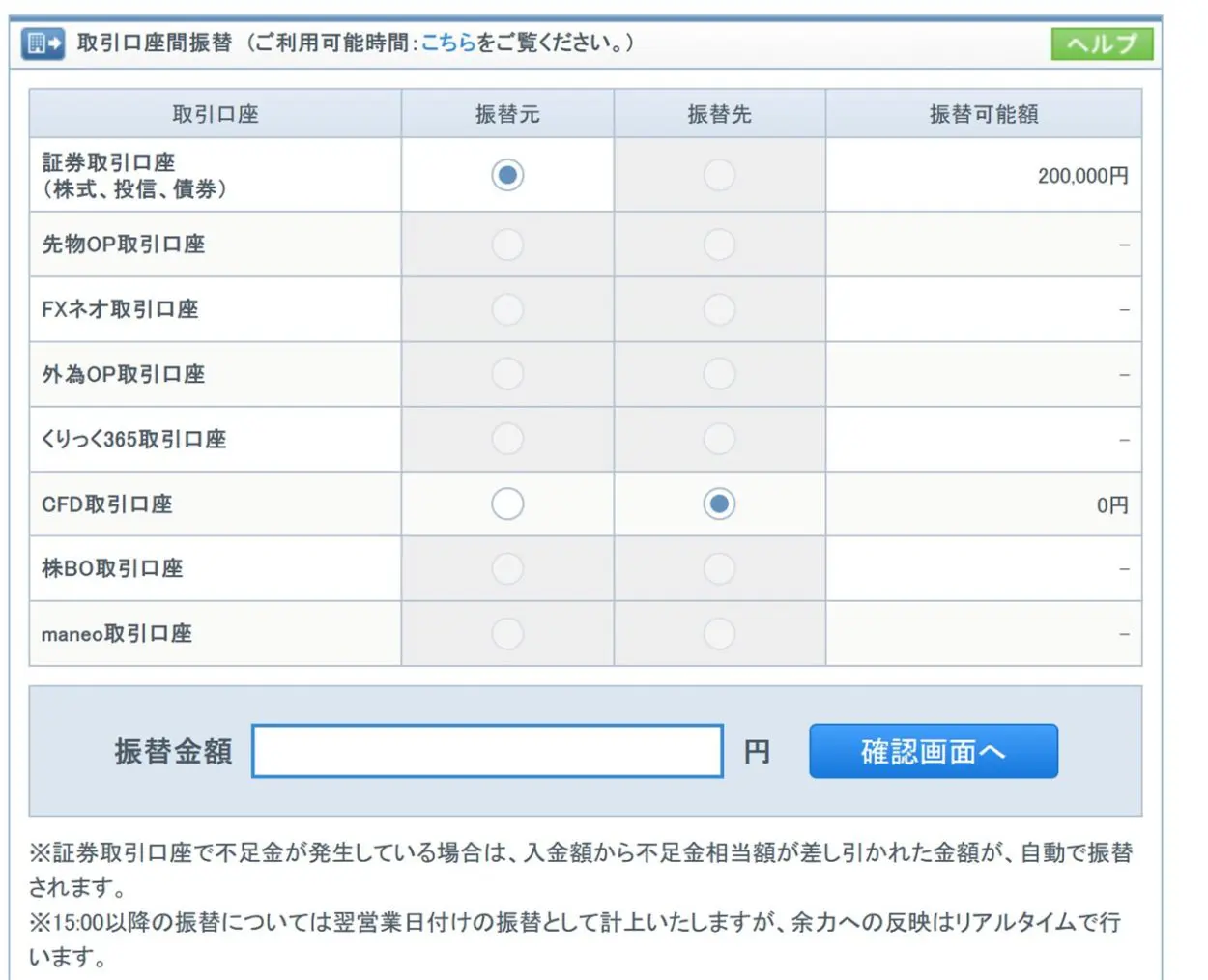 証券取引口座からCFD口座に資金を振替