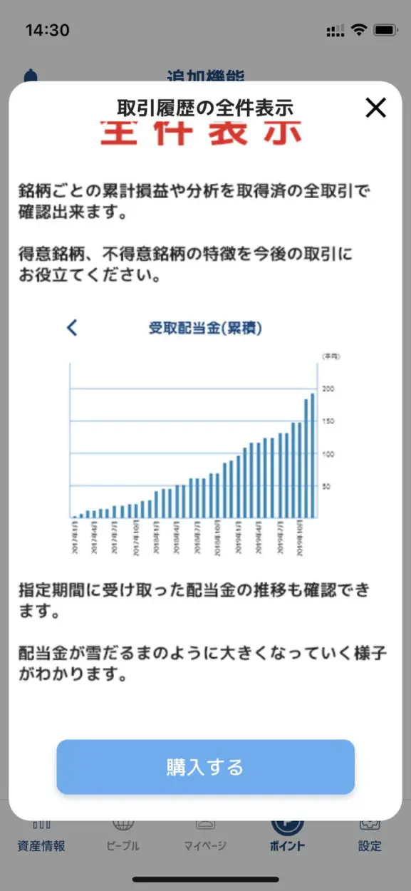 受け取った配当金の推移もわかる取引履歴機能