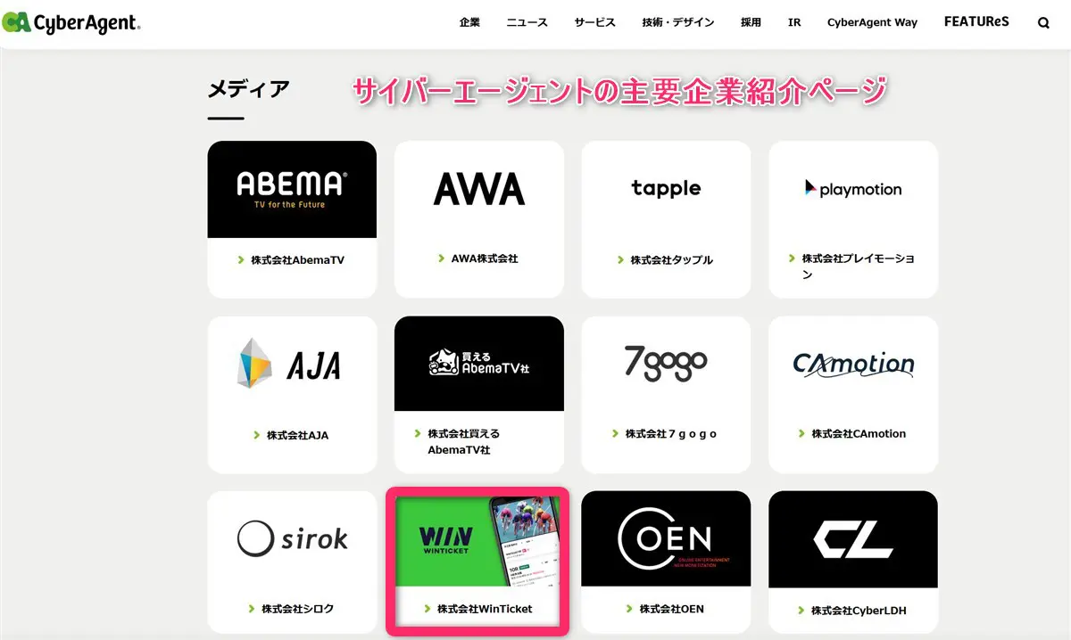 サイバーエージェントの主要企業紹介ページに掲載されるWINTICKET
