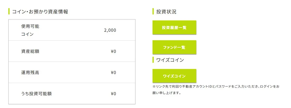 利回り不動産のアカウントページで２０００円相当のコインが付与された状態