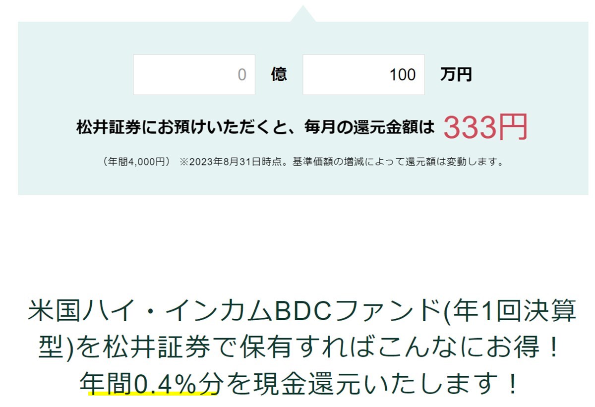 松井証券なら米国ハイ・インカムBDCファンドの保有で0.4%還元