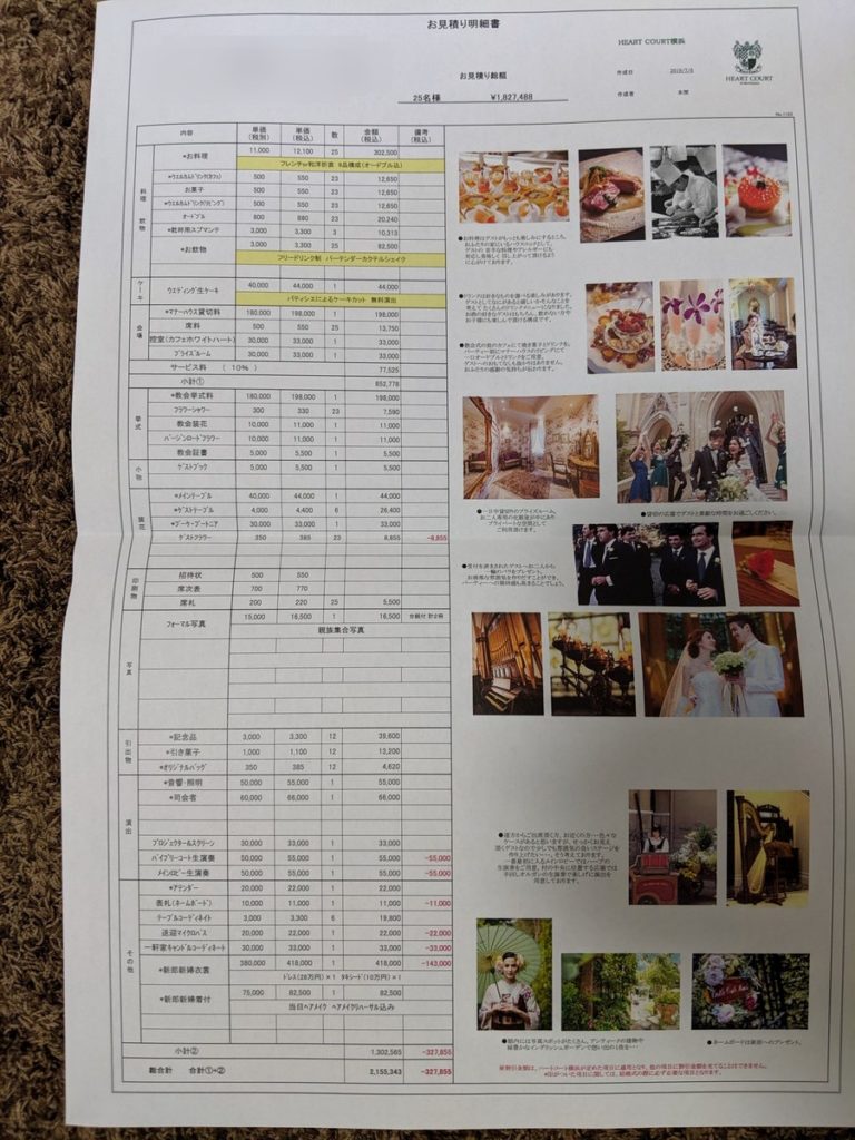 ハートコート横浜の結婚式費用見積書