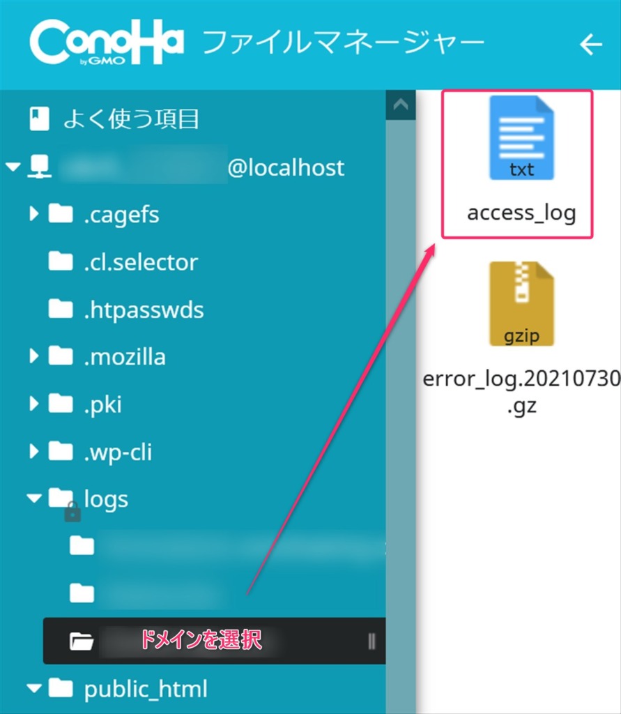 コノハウィングのファイルマネージャーから詳細なアクセスログを確認する