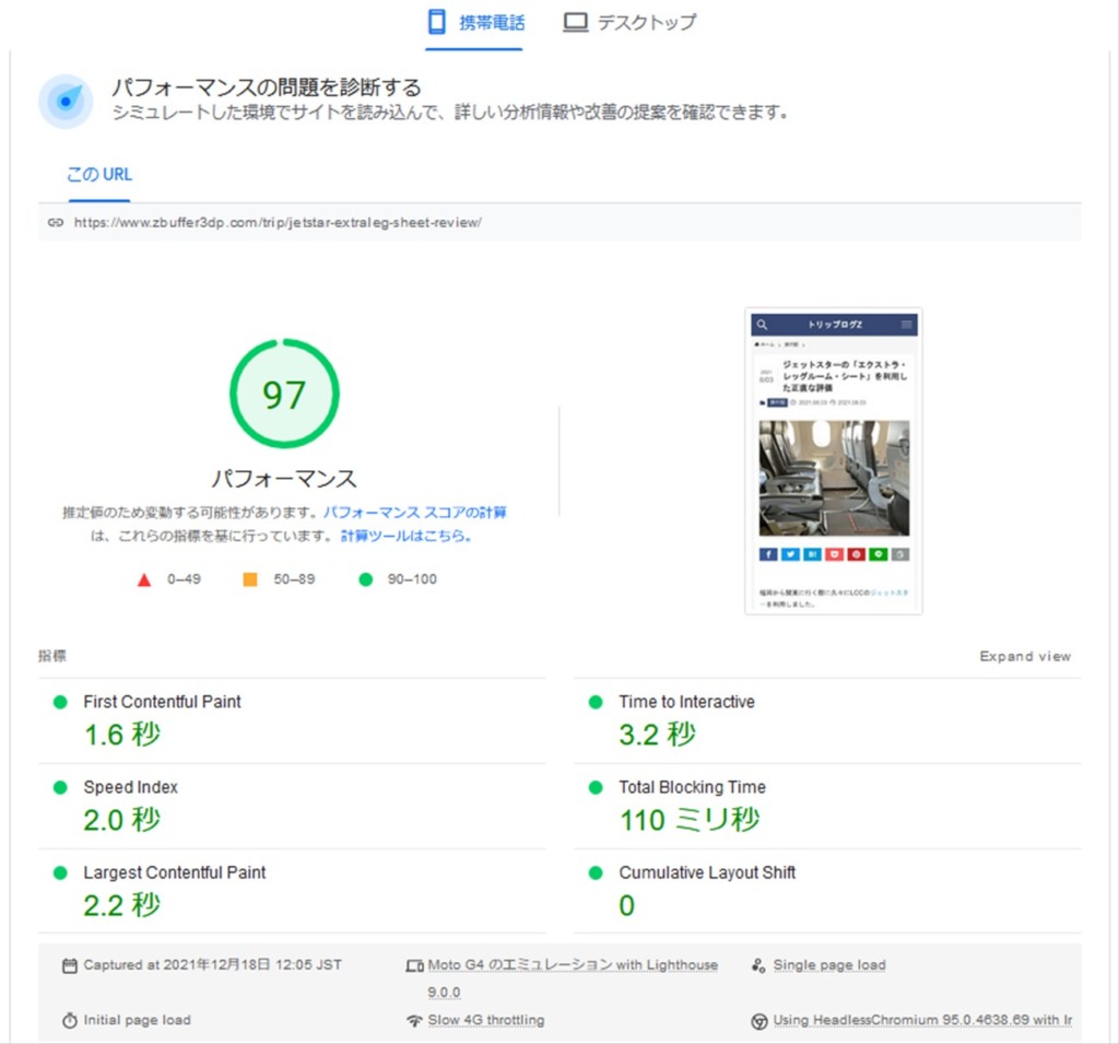 GoogleアドセンスやTwitter投稿がある記事でもPSIのモバイルスコアが97に