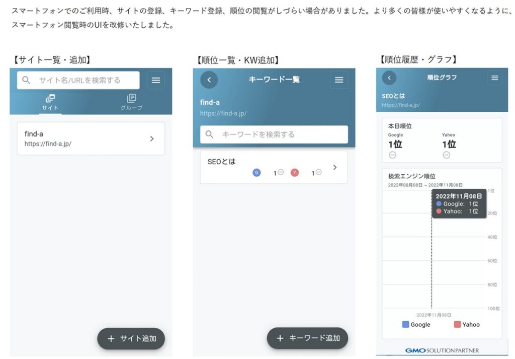 GMO順位チェッカーがスマホでの閲覧性や機能を改善