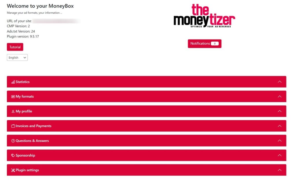 The Moneytizerプラグインの画面