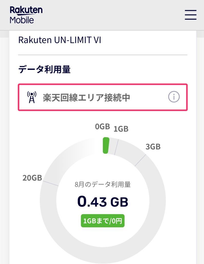 my楽天モバイルアプリで楽天回線に接続中と分かる様子