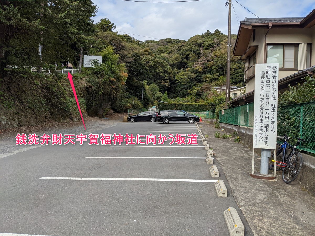 銭洗弁財天宇賀福神社の駐輪場と神社への坂道