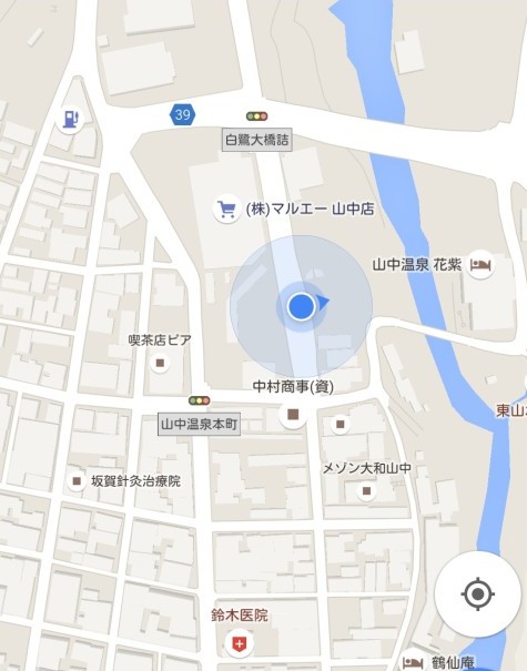 Googleマップ上での山中温泉バスターミナルの位置