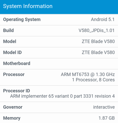 ZTE Blade V580のスペックと仕様