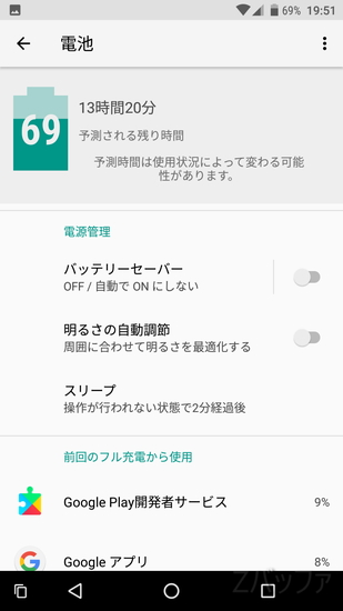 Android8.0のバッテリー管理画面