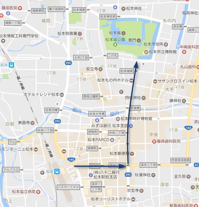 松本駅から松本城までの徒歩の道のり