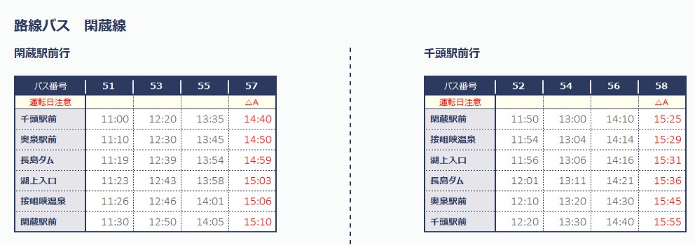 奥大井湖上駅へと向かうバスの時刻表