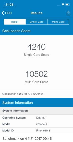 iPhone XのGeekbench4でのベンチマーク結果