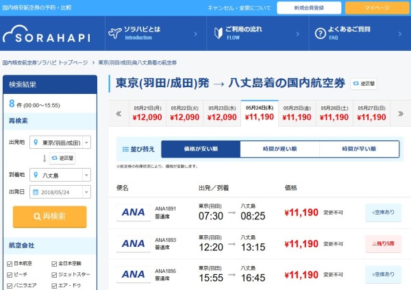 羽田から八丈島までの航空券の料金