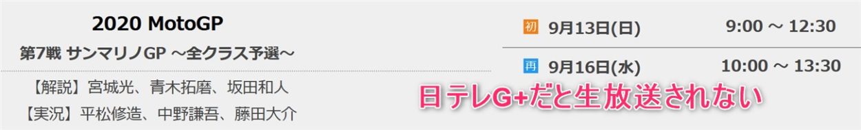 日テレG+でmotoGPが生放送されないケース