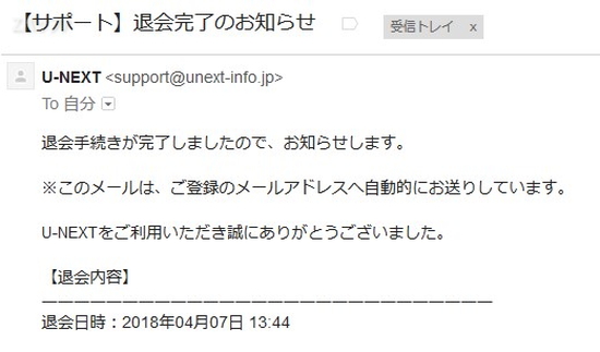 U-NEXTのアカウント削除と退会が完了した事を知らせるメール