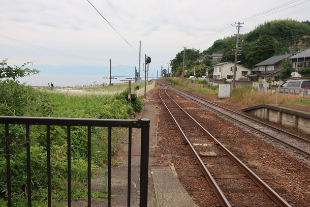 雨晴駅のホーム先端から見える海と山の景色