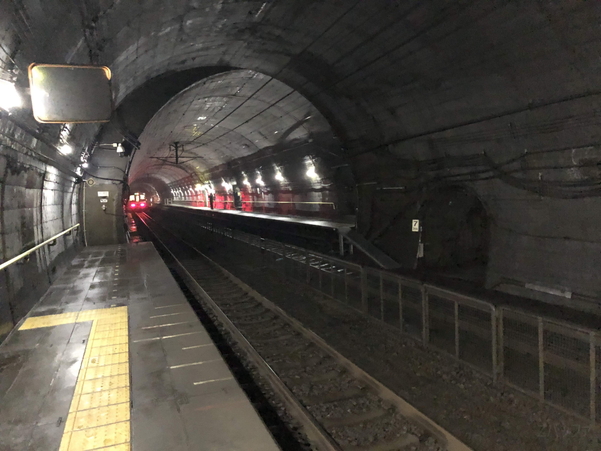 筒石駅でワンマン列車を見送る
