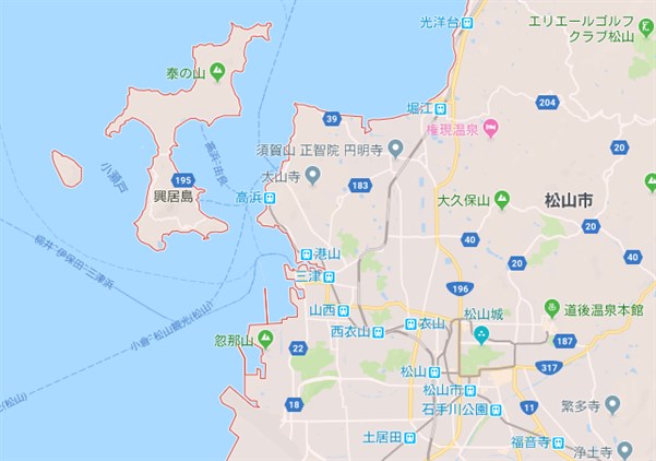 興居島の場所をグーグルマップで確認
