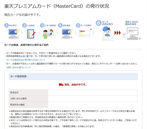 楽天プレミアムカードの発送状況