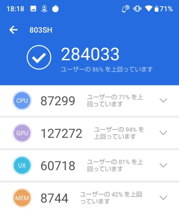 AQUOS R2 compactのAnTuTu Benchmarkベンチマークテスト結果