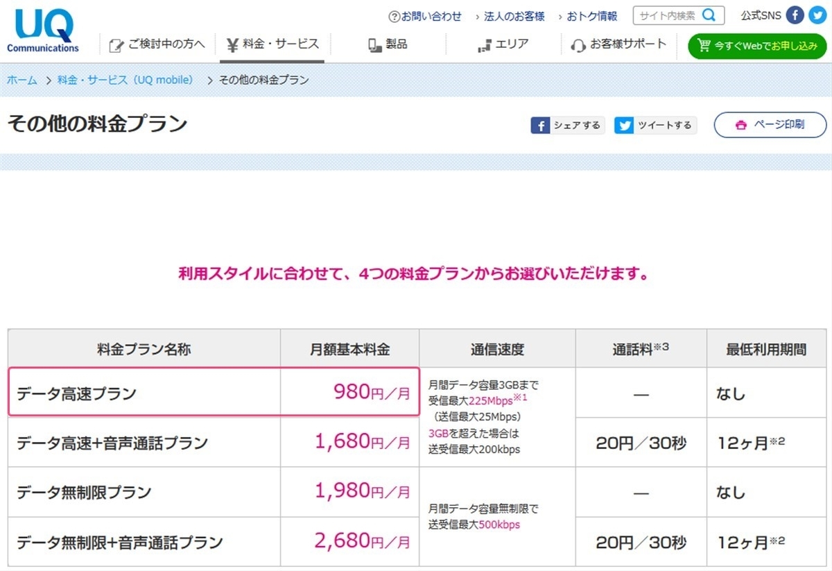UQモバイルのデータ通信専用プラン