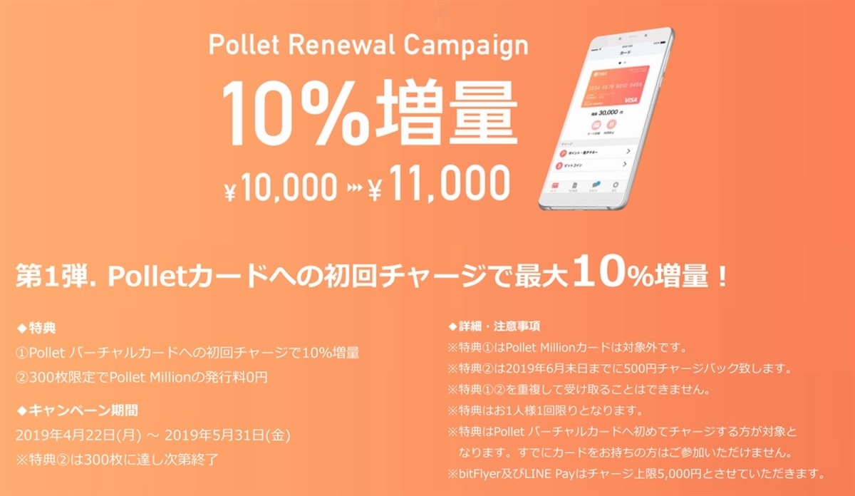 polletバーチャルカードへのチャージに対して１０％増量